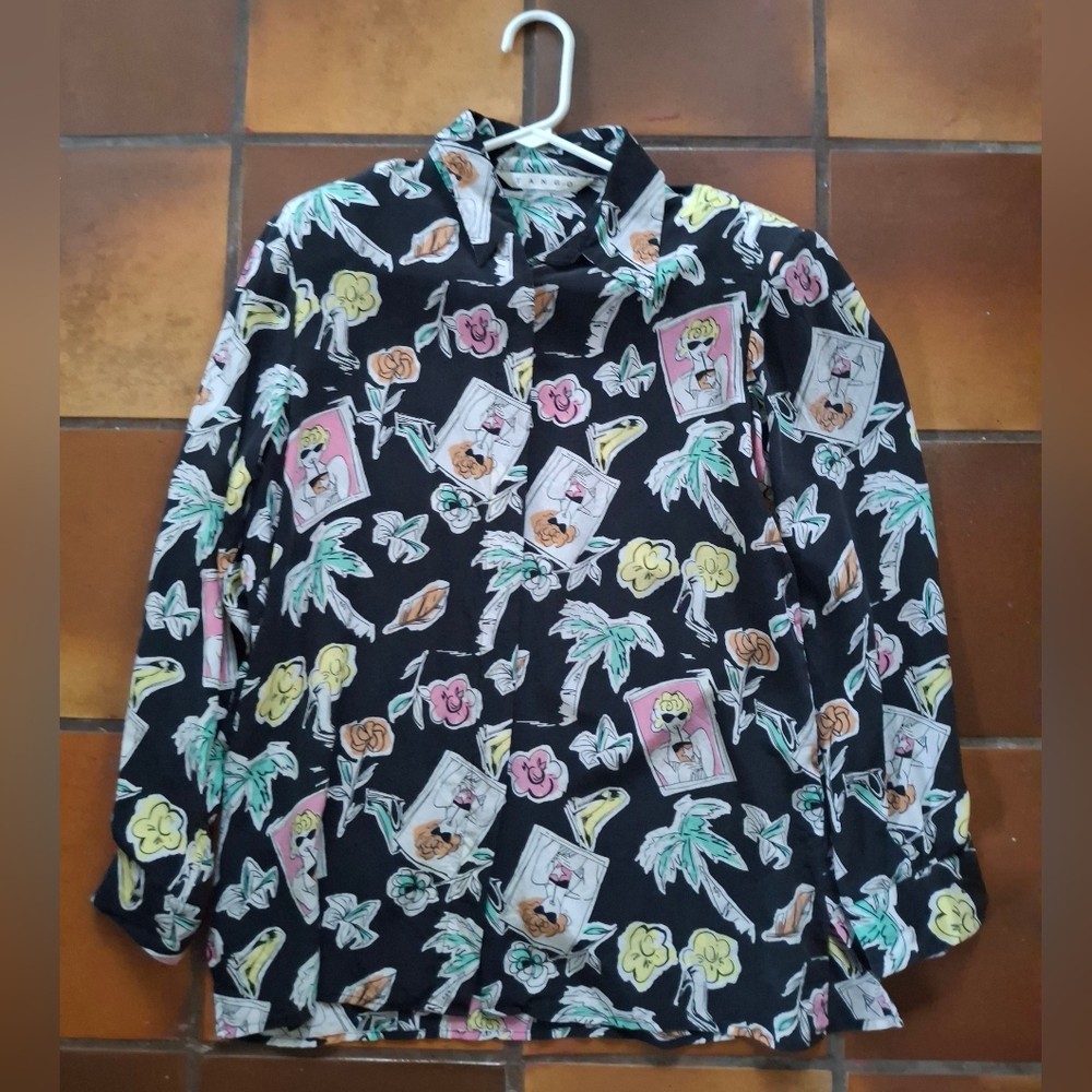 Tropical Print w/Blonde Bombshell Character Silk Blouse